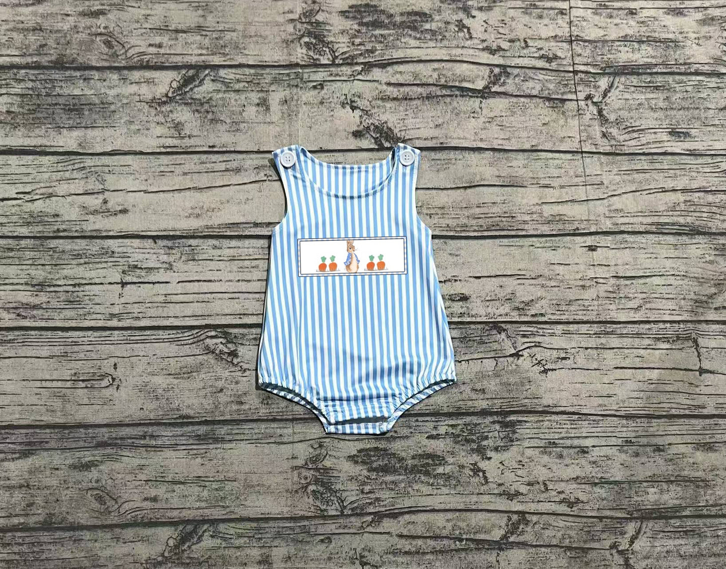 Light blue stripe carrot bunny baby boys Easter romper