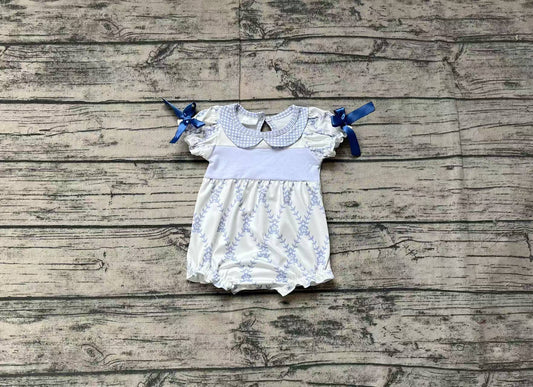 Short sleeves light blue bow floral baby girls summer romper