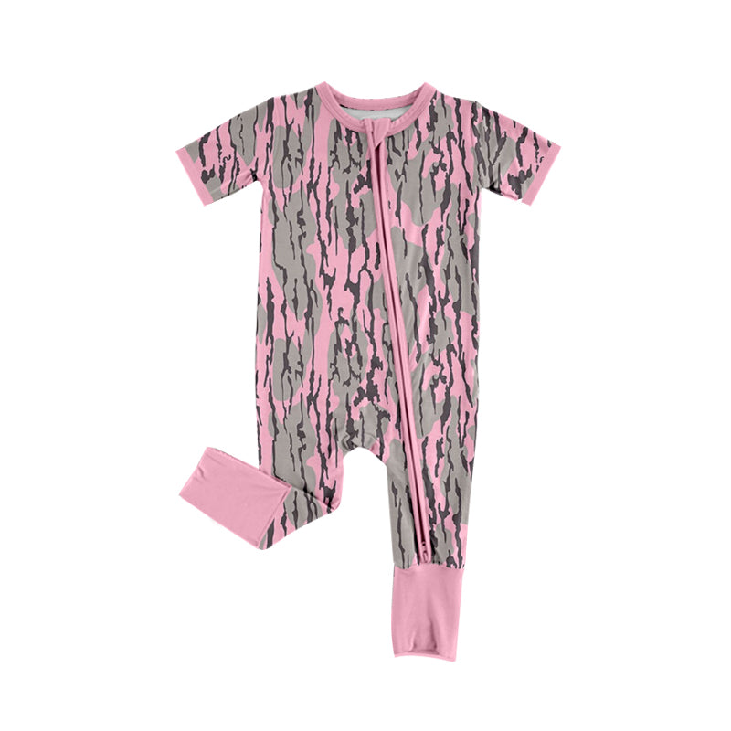 Short sleeves pink camo baby girls zipper romper