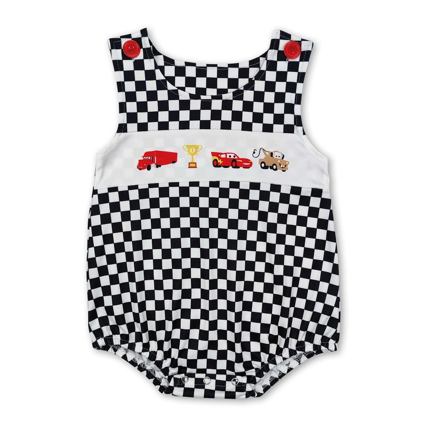 Black plaid sleeveless cars baby boy romper