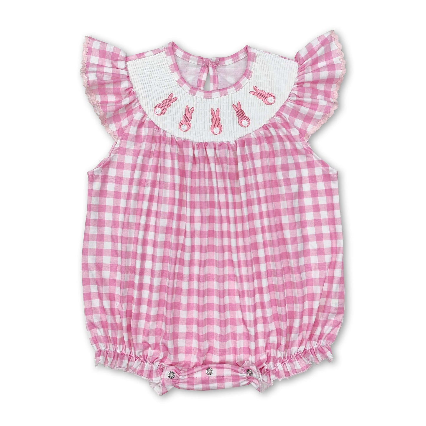 Pink plaid bunny smocked baby girls Easter romper