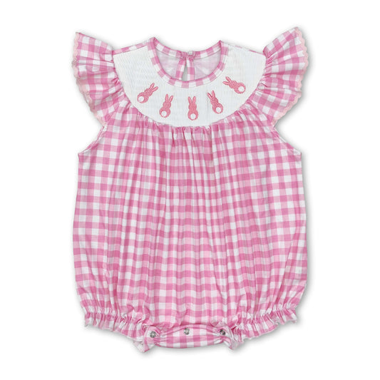 Pink plaid bunny smocked baby girls Easter romper