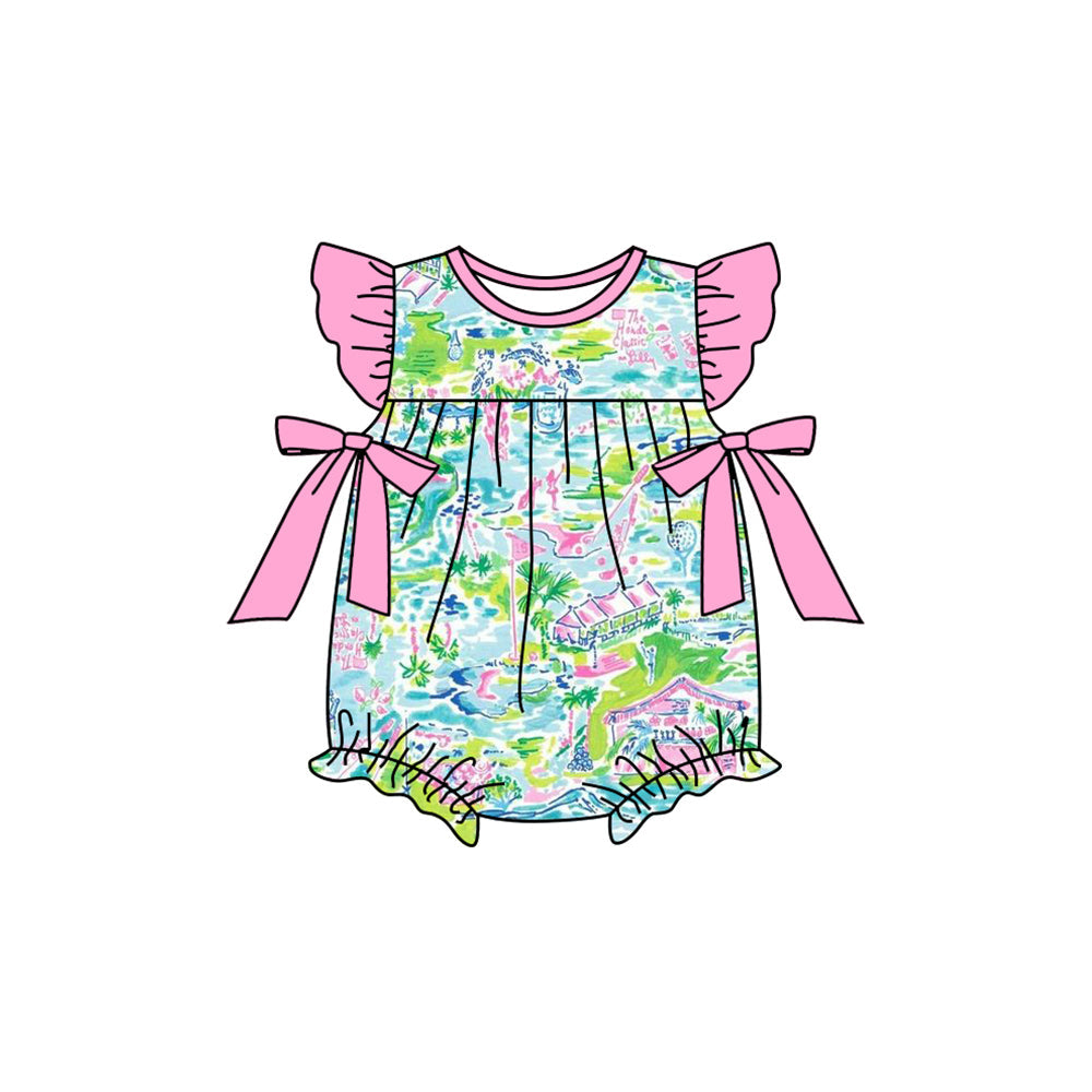 Pink flutter sleeves bow watercolor baby girls romper