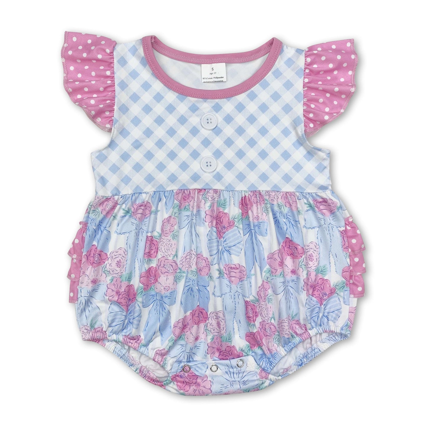 Flutter sleeves floral bow plaid baby girls romper