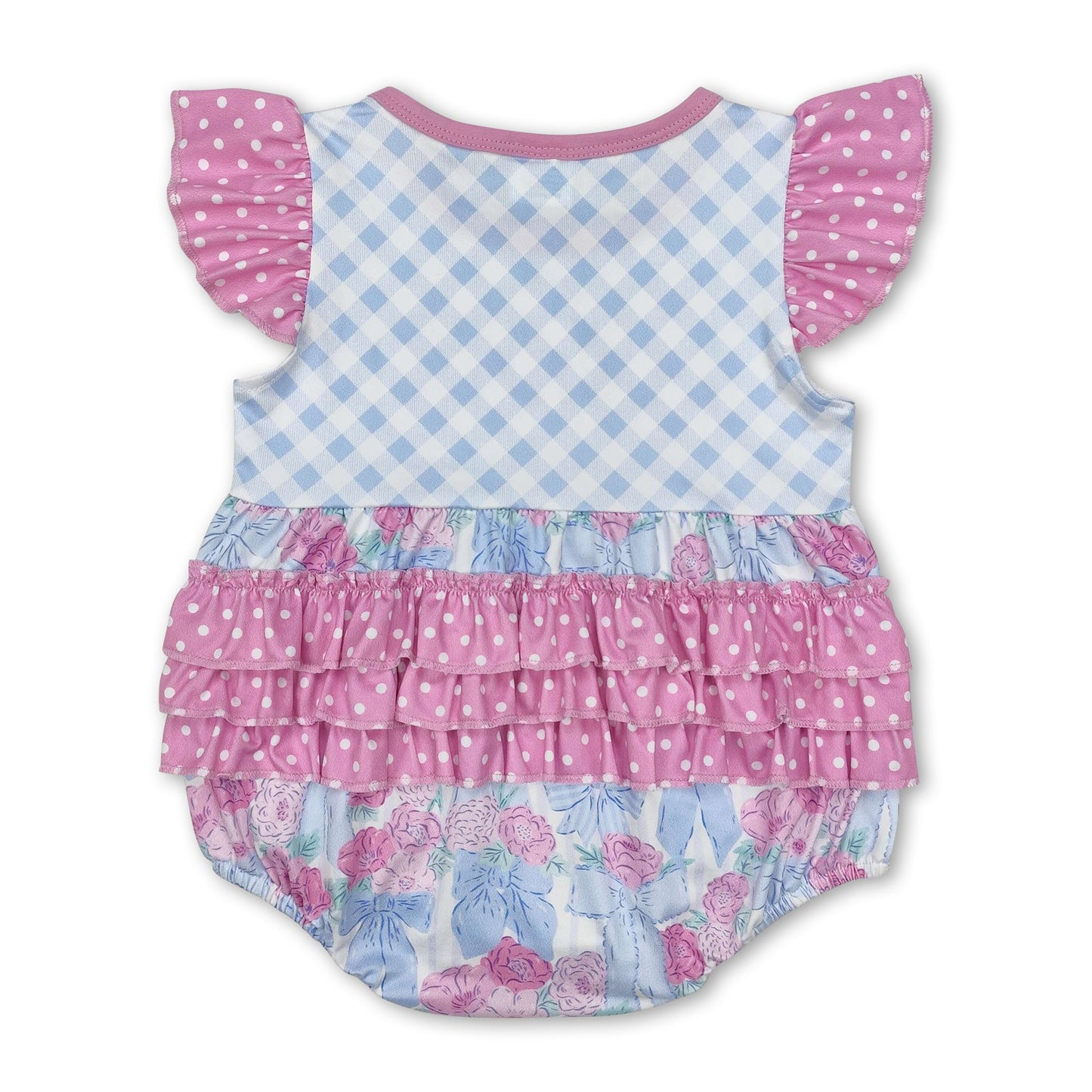 Flutter sleeves floral bow plaid baby girls romper