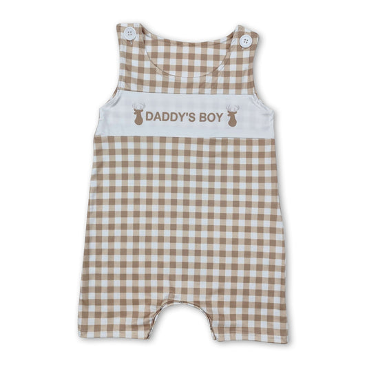 Khaki plaid sleeveless daddy's boy deer baby romper