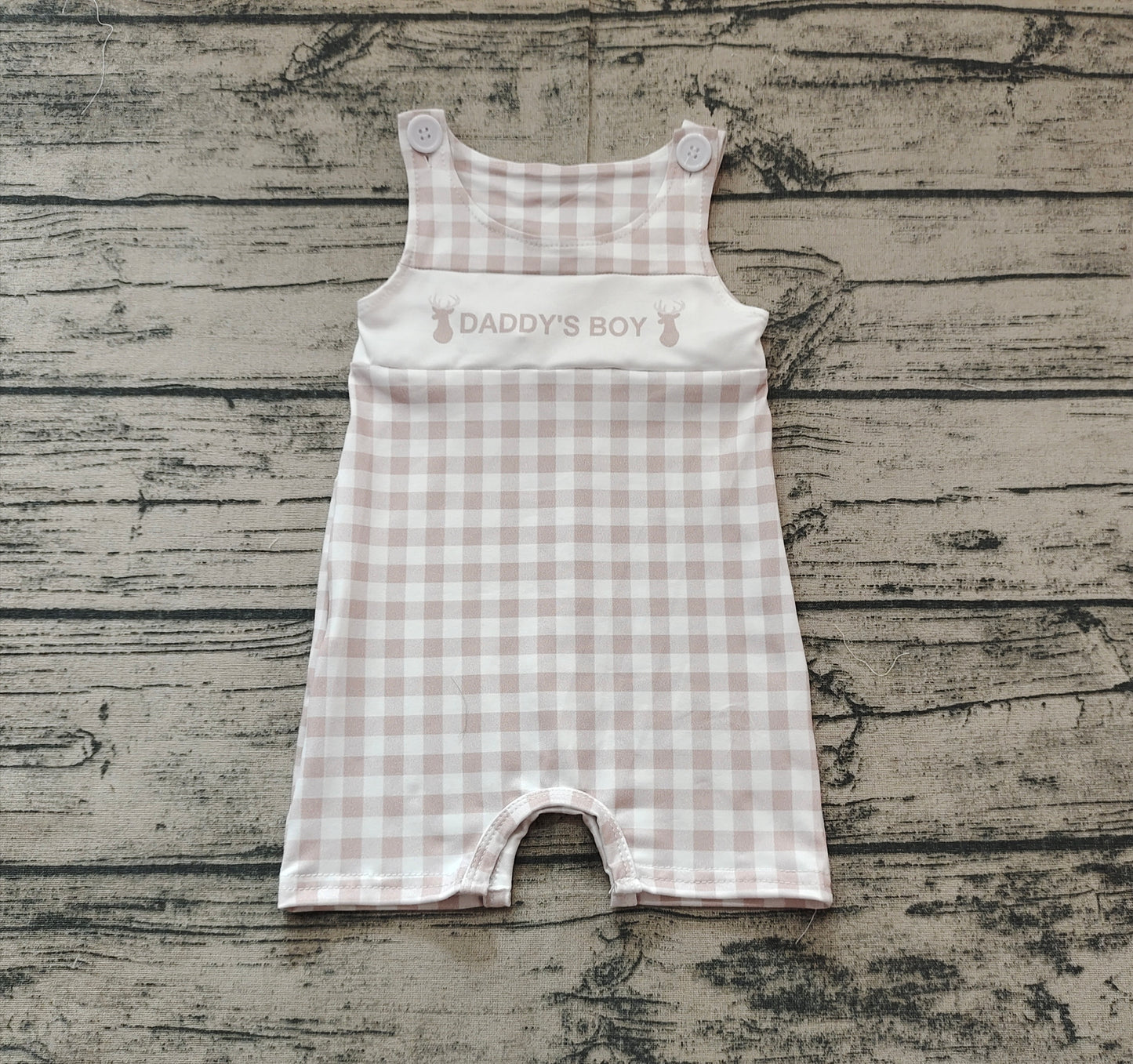 Khaki plaid sleeveless daddy's boy deer baby romper