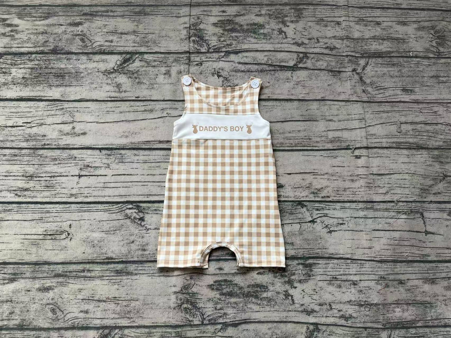 Khaki plaid sleeveless daddy's boy deer baby romper