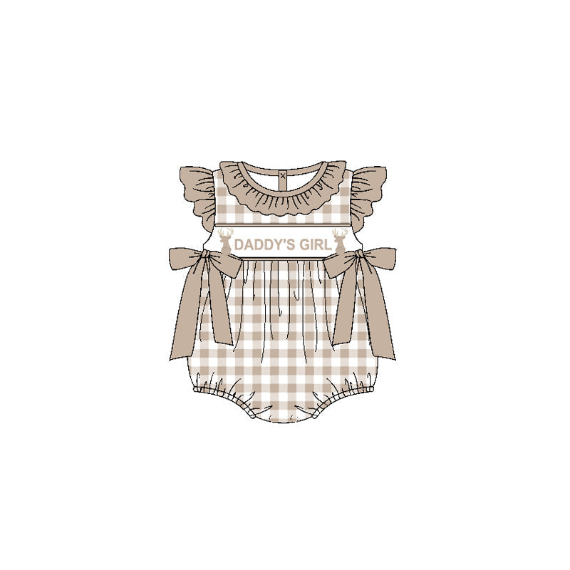 Khaki plaid flutter sleeves daddy's girl deer baby romper