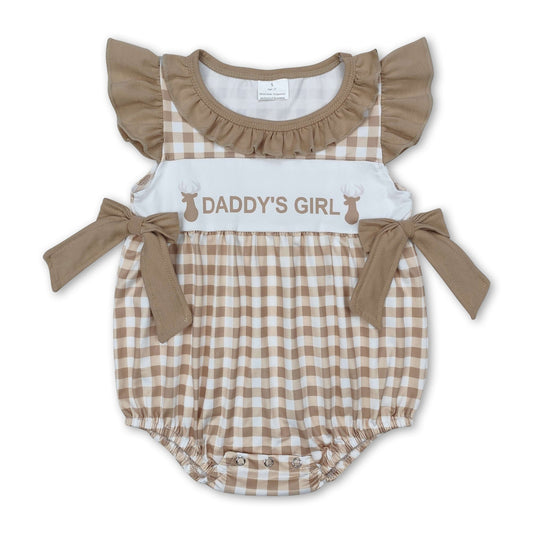 Khaki plaid flutter sleeves daddy's girl deer baby romper