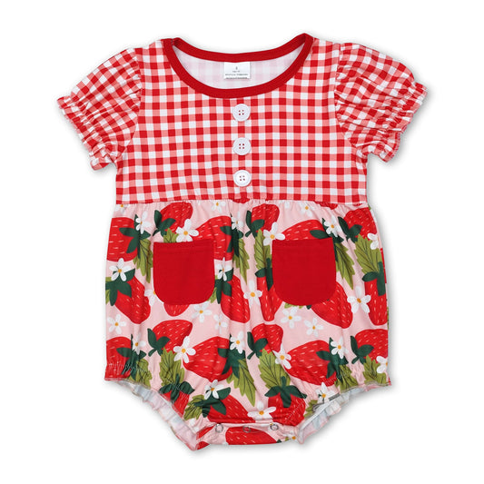 Red plaid short sleeves strawberry baby girls romper