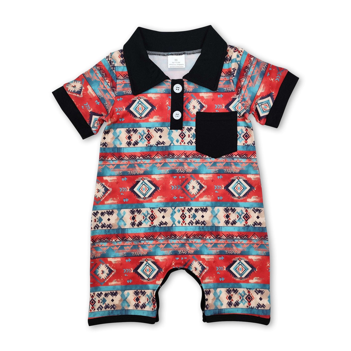 Short sleeves black pocket aztec western baby polo romper