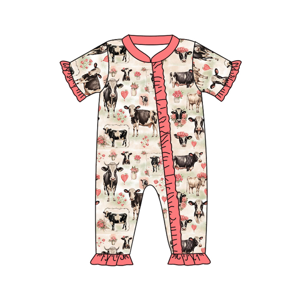 Short sleeves cows floral baby girls zipper romper