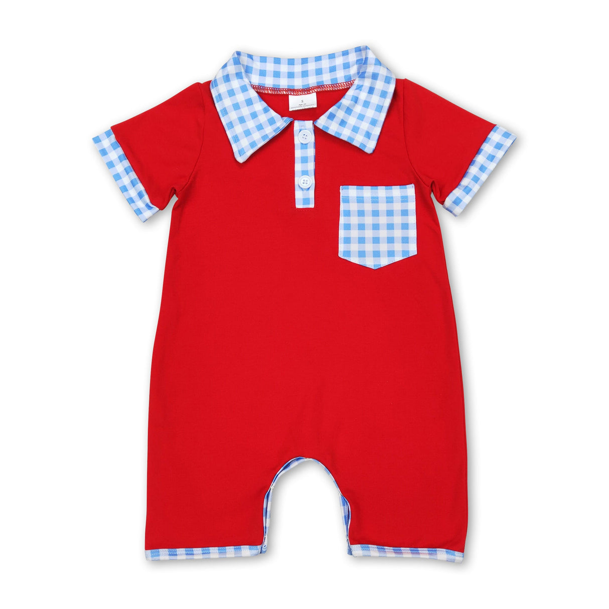 Blue plaid pocket red baby boy polo romper
