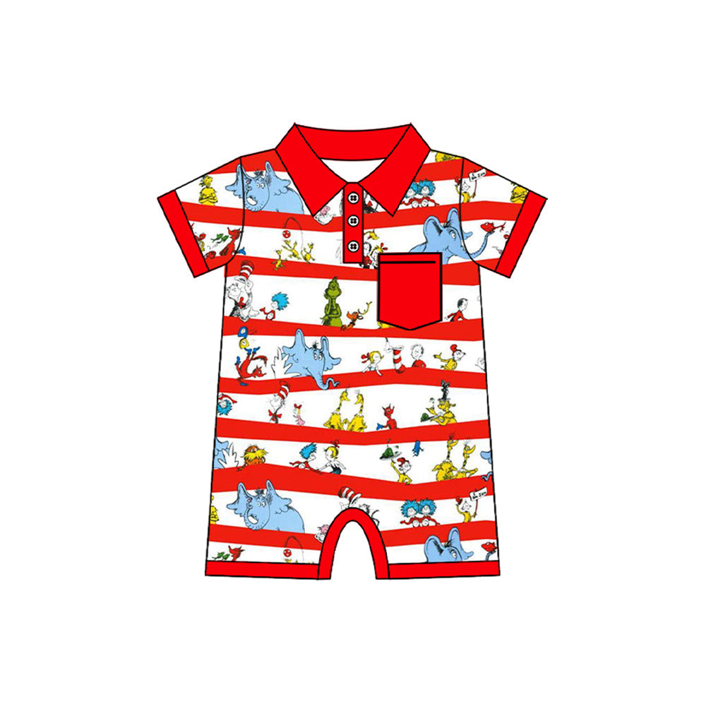 Red pocket short sleeves elephant cat baby boy polo romper