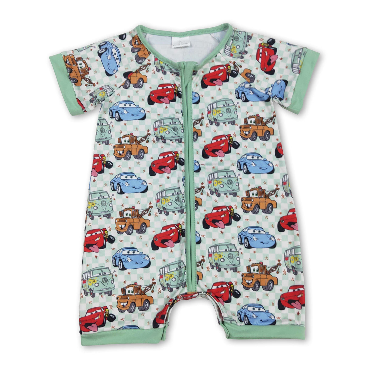 Short sleeves plaid cars baby kids zipper romper