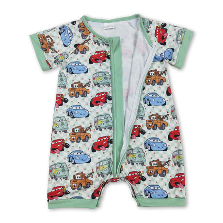 Short sleeves plaid cars baby kids zipper romper