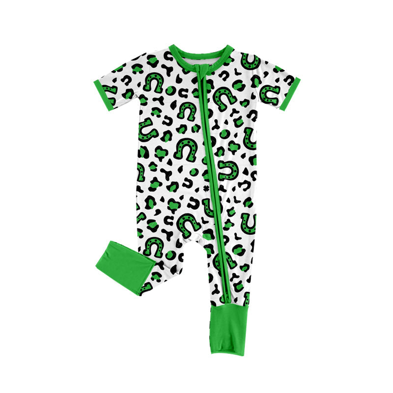 Short sleeves leopard baby kids St Patrick's zipper romper