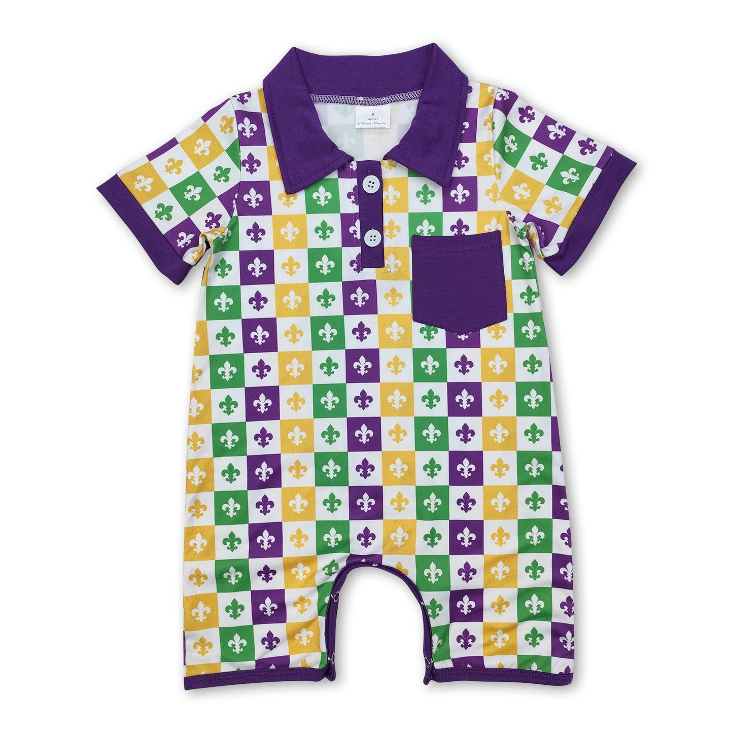 Purple short sleeves pocket baby boy Mardi Gras polo romper