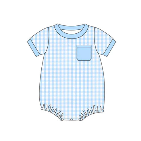 Light blue plaid short sleeves pocket baby boy romper