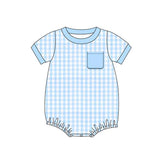 Light blue plaid short sleeves pocket baby boy romper