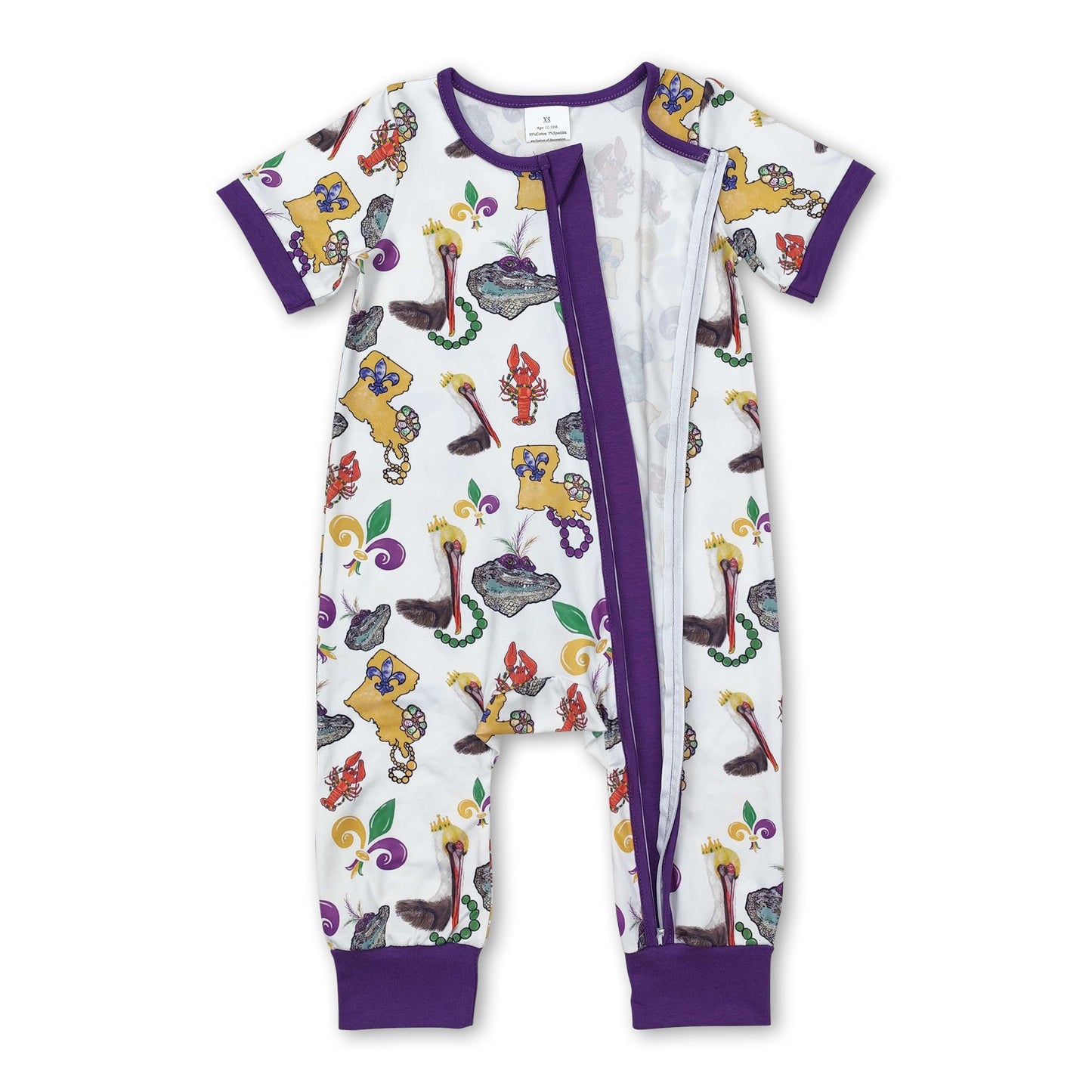 Purple short sleeves pelican baby girls Mardi Gras zipper romper