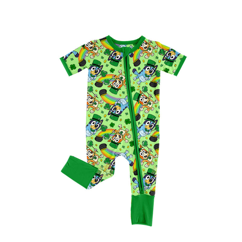 Short sleeves rainbow clover dog baby St Patrick's romper