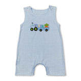 Sleeveless plaid eggs tractor baby boy Easter romper