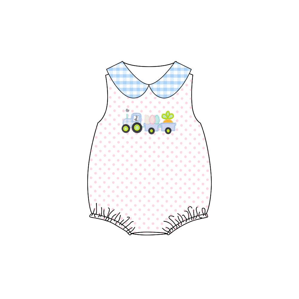 Sleeveless polka dots eggs tractor baby girls Easter romper