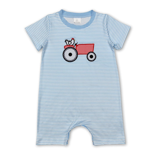 Short sleeves stripe chicken tractor baby boy farm romper