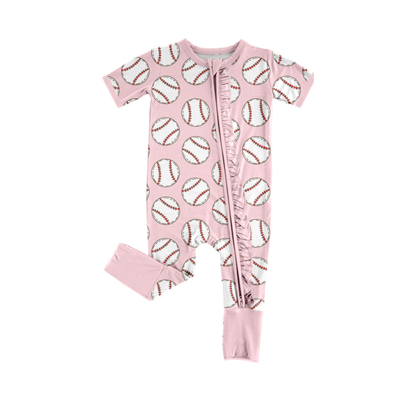 Pink short sleeves ruffle baseball baby girls zipper romper