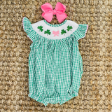 Green plaid shamrock bow baby girls St Patrick's romper
