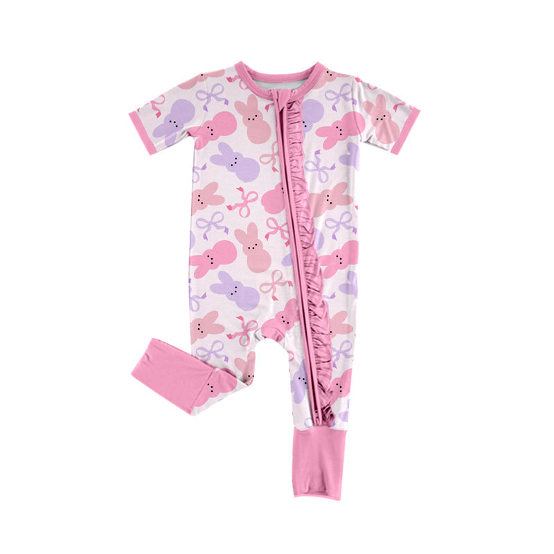 Short sleeves pink bunny bow baby girls Easter zipper romper