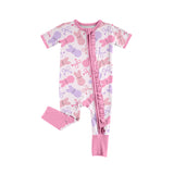 Short sleeves pink bunny bow baby girls Easter zipper romper