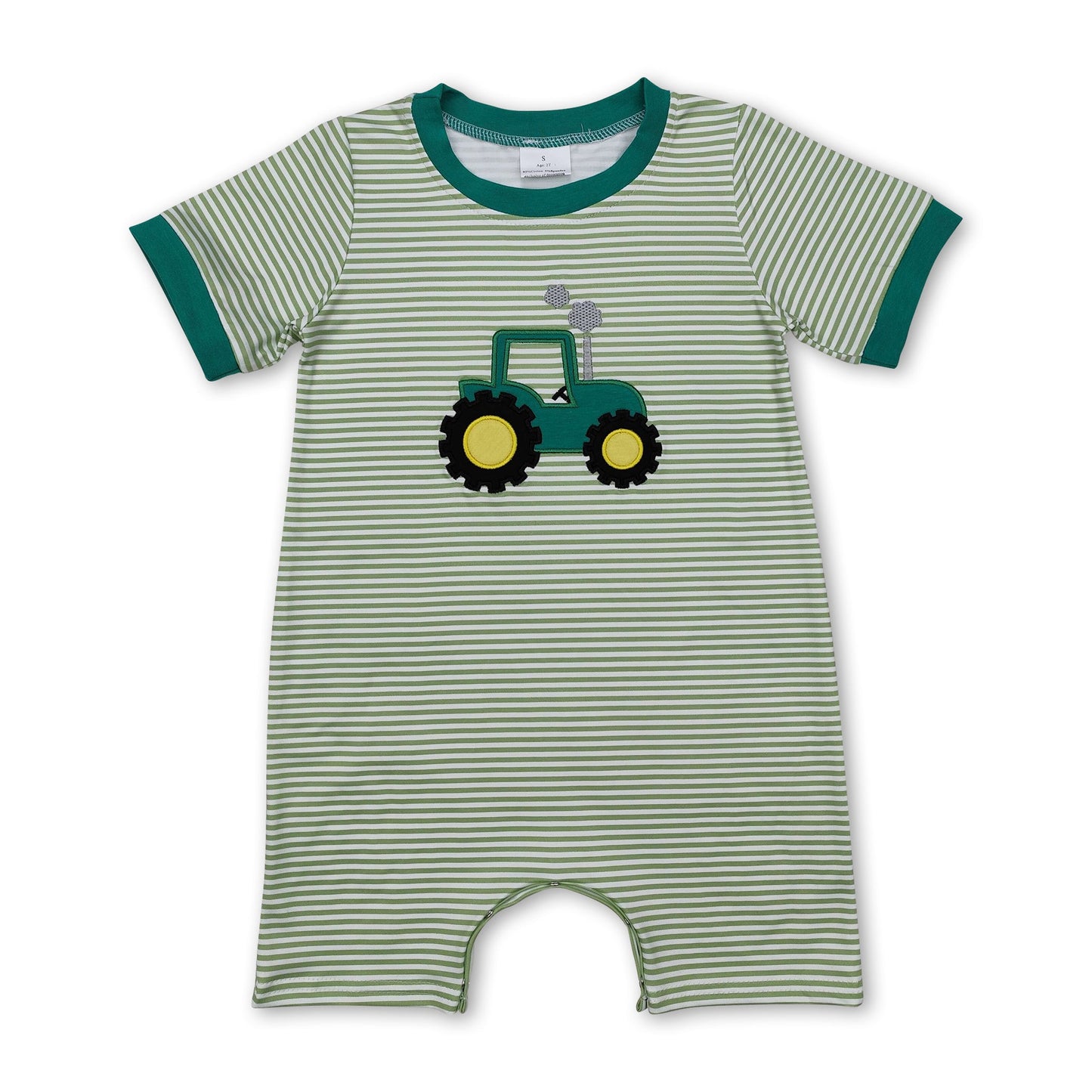 Short sleeves green stripe tractor baby boy romper