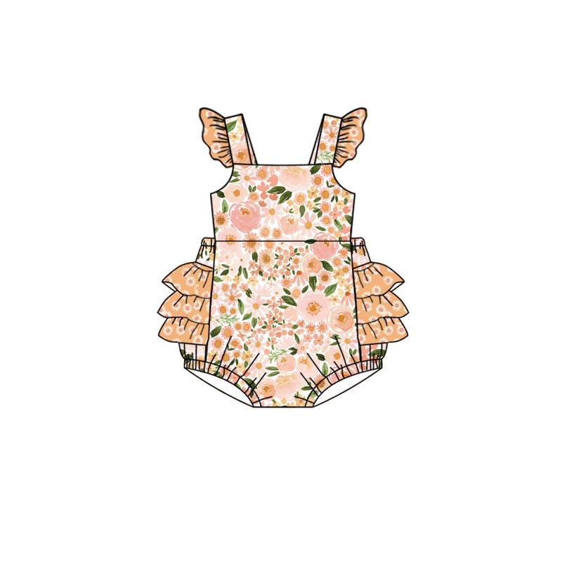 Flutter sleeves floral ruffle baby girls spring summer romper