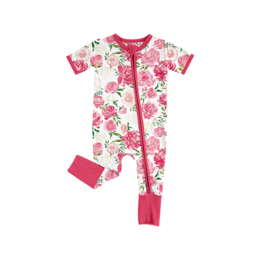 Pink floral short sleeves baby girls zipper romper