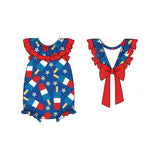 Blue stars popsicle ruffle bow baby girls 4th of july romper