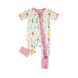 Short sleeves floral bunny baby girls Easter zipper romper