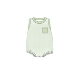 Sleeveless mint plaid pocket baby boy romper