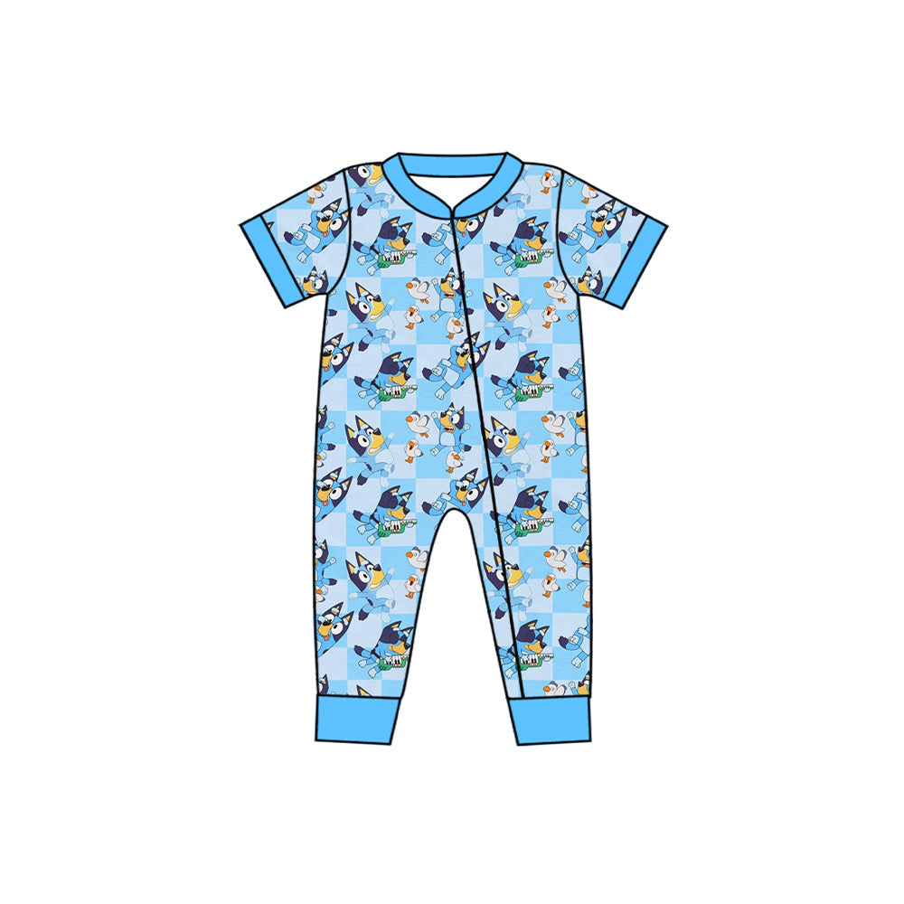 Blue short sleeves plaid dog baby kids zipper romper