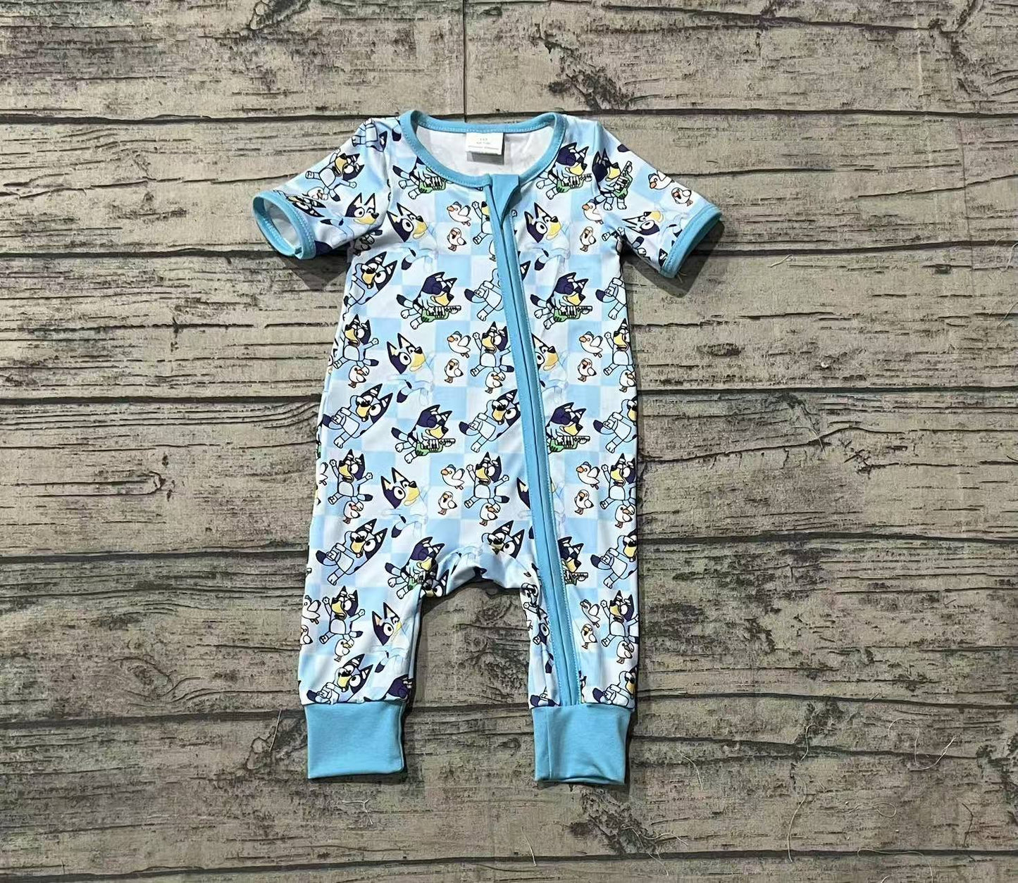 Blue short sleeves plaid dog baby kids zipper romper