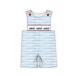 Sleeveless blue truck stars baby boy 4th of july romper
