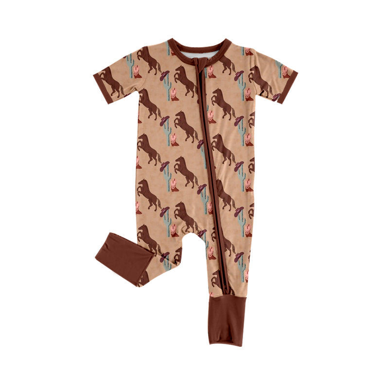 Brown short sleeves horse cactus baby kids zipper romper