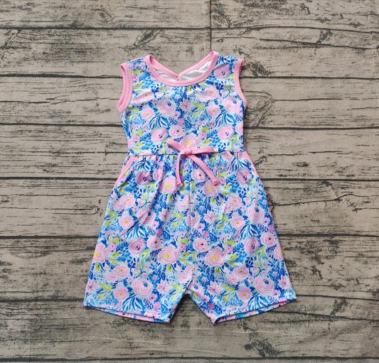 Sleeveless light blue floral baby girls summer jumpsuit