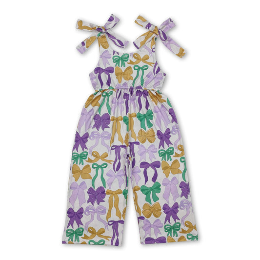 Straps purple green gold bow kids girls Mardi Gras jumpsuit