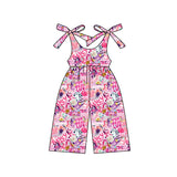 Straps pink floral dog bow kids girls summer jumpsuit