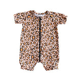 Short sleeves leopard baby girls summer zipper romper