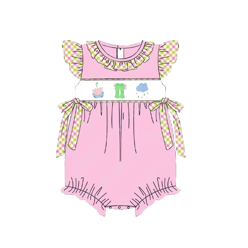 Pink flutter sleeves rain boots umbrella baby girl romper