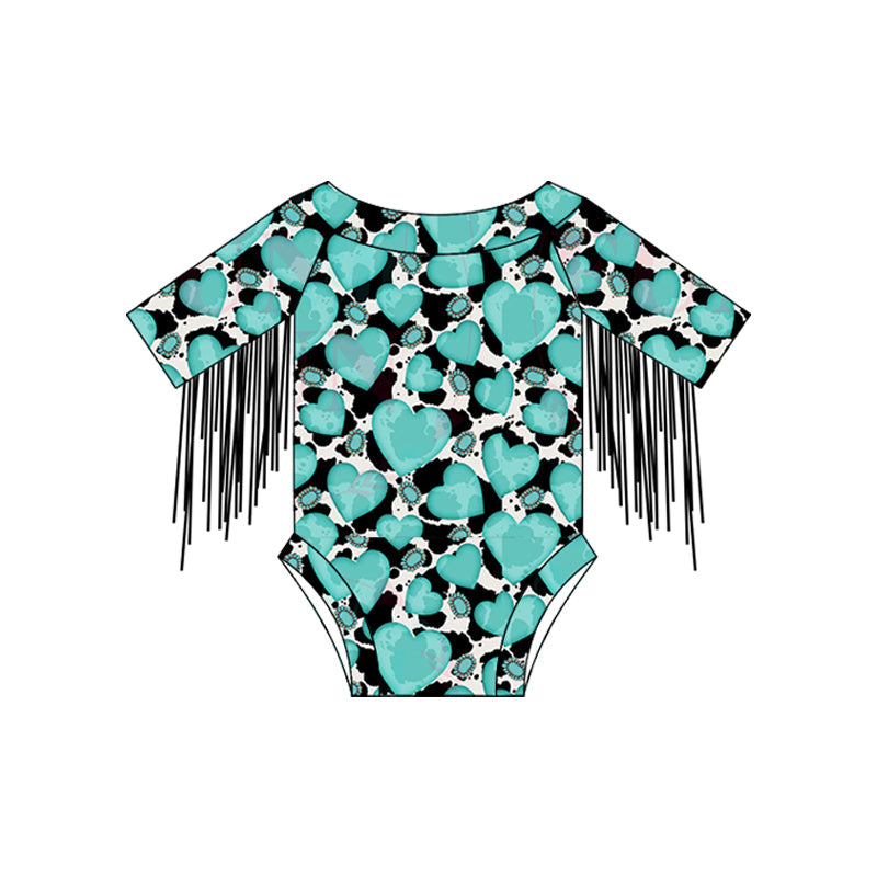 Turquoise heart cow print tassels western baby romper